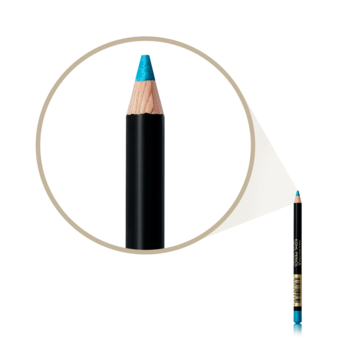 Kredka do oczu Max Factor Masterpiece Ice Blue, zbliżenie na jasnoniebieską końcówkę i cały czarny sztyft.