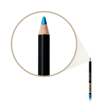 Niebieska kredka Max Factor Kohl Kajal Masterpiece, z detalami ostrej końcówki w powiększonym ujęciu.