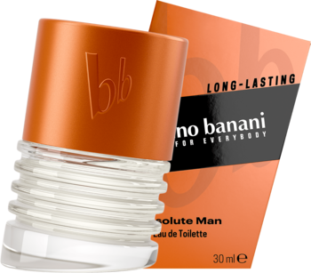 Pomarańczowa butelka Bruno Banani Absolute Man EDT 30ml z nietypowym korkiem, częściowo widoczne opakowanie.