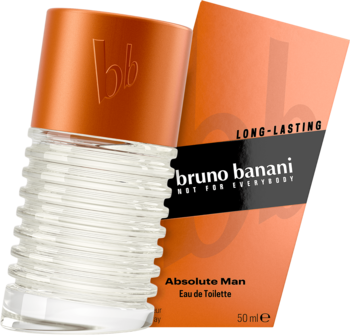 Prążkowany flakon Bruno Banani Absolute Man EDT 50 ml z pomarańczową nakrętką, stojący przed pomarańczowym pudełkiem.