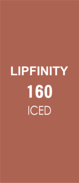 Max Factor Lipfinity 160 Iced: brązowo-czerwony wzornik koloru pomadki z nazwą marki i odcieniem w białym tekście.