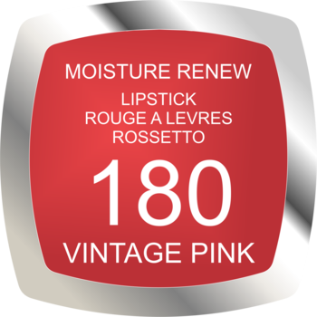 Czerwona etykieta pomadki Rimmel Moisture Renew 180 Vintage Pink, z białym tekstem, widok z przodu.
