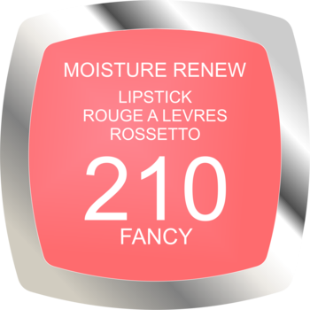Coralowo-różowa etykieta pomadki Rimmel Moisture Renew 210 Fancy z białym tekstem i numerem odcienia.