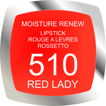 Czerwona etykieta pomadki Rimmel Moisture Renew, odcień 510 Red Lady, z napisem Lipstick, na srebrnym tle.