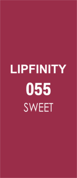 Próbka koloru pomadki Lipfinity 055 Sweet. Głęboki malinowy róż z białym napisem.