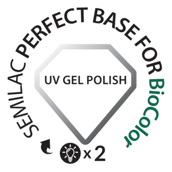 Okrągłe białe logo Semilac Perfect Base dla BioColor UV Gel Polish, z szarym diamentem i ikonami.