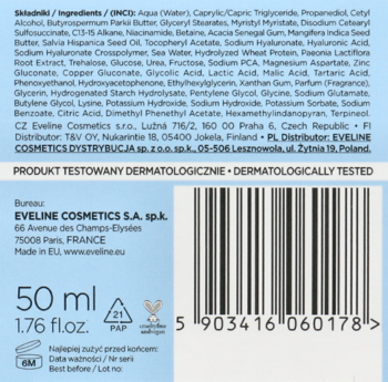 Tył białego opakowania kremu Eveline Cosmetics 50 ml, z widocznym kodem kreskowym i napisem "Dermatologically Tested".