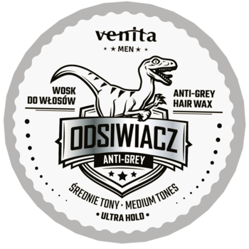 Okrągły wosk Venita Men Odsiwiacz Anti-Grey do włosów, z grafiką dinozaura i białym tłem, widok z góry.