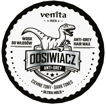 Okrągła etykieta Venita Men Odsiwiacz Anti-Grey Wosk do Włosów, czarno-biała z dinozaurem, dla ciemnych tonów, ultra utrwalenie.