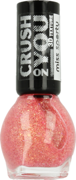 Brzoskwiniowo-różowy lakier Miss Sporty Crush You No 1 3D Texture z brokatem, w butelce, widok z przodu.