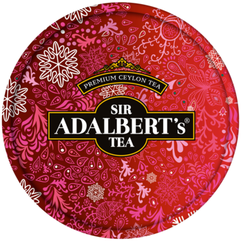 Czerwona, okrągła puszka herbaty Sir Adalbert's Tea, zimowy wzór z płatkami śniegu, widok z góry.