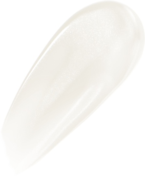Max Factor 2000 Calorie Lip Glaze Melting Ice: kremowa smuga błyszczyka, jasna, na czarnym tle.