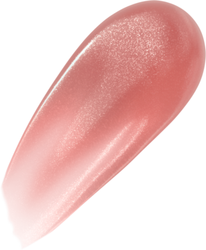 Jasnoróżowy, perłowy swatch błyszczyka Max Factor 2000 Calorie Lip Glaze Pink Fizz na ciemnym tle, o lustrzanym blasku.