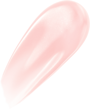 Max Factor 2000 Calorie Lip Glaze Cotton Candy, jasnoróżowy błyszczyk, pojedyncza kremowa smuga z lustrzanym blaskiem na czarnym tle.