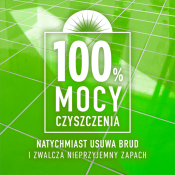 Grafika promocyjna płynu Ajax Konwalie: zielone tło, biały napis '100% MOCY CZYSZCZENIA', 'Usuwa brud i zapach'.