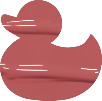 Płaska, czerwonobrązowa grafika gumowej kaczki z poziomymi jasnymi liniami, symbol błyszczyka NYX Duck Plump.