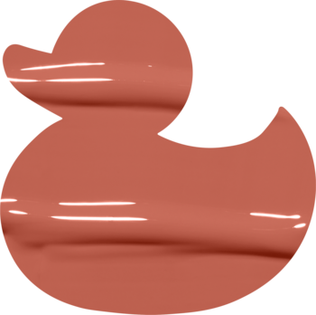 Grafika kaczki w intensywnym, brzoskwiniowym odcieniu, symbol błyszczyka NYX Duck Plump Apri-Caught.