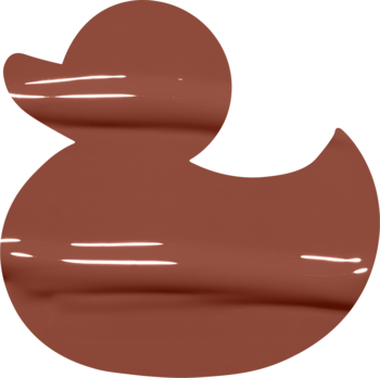 Stylizowany brązowy błyszczyk powiększający NYX Duck Plump Mocha Me Crazy w kształcie kaczki z połyskiem.