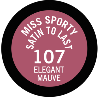 Okrągła etykieta pomadki Miss Sporty Satin to Last 107 Elegant Mauve, odcień satynowy.
