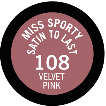 Okrągła etykieta pomadki Miss Sporty Satin to Last 108 Velvet Pink, w kolorze pudrowego różu z białym tekstem.