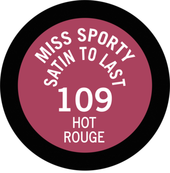 Etykieta pomadki Miss Sporty Satin to Last, odcień 109 Hot Rouge, ciemnoróżowy kolor z białym tekstem.