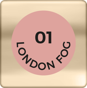 Złota plakietka z różowym krążkiem i napisem 01 London Fog, etykieta szminki AA Creamy Care.