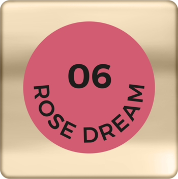 Złota, kwadratowa nakładka szminki AA Wings of Color z różowym, okrągłym znakiem 06 Rose Dream.