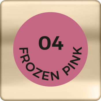 Próbnik koloru 04 Frozen Pink szminki AA Wings of Color, różowy okrąg na złotym kwadratowym tle.