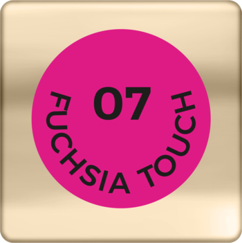 Złota plakietka z okrągłym, fuksjowym numerem 07 FUCHSIA TOUCH szminki AA Wings of Color.