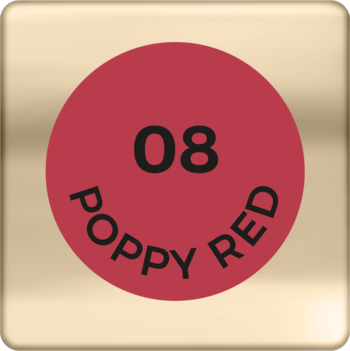 Zbliżenie na etykietę szminki AA Wings of Color 08 Poppy Red: czerwony okrąg z numerem i nazwą odcienia na złotym tle.