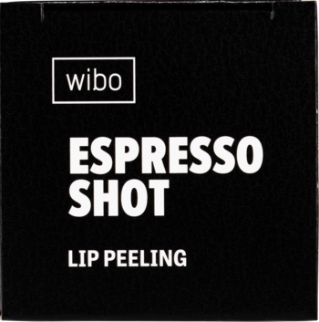 Czarne, kwadratowe opakowanie peelingu do ust Wibo Espresso Shot z białym napisem i logo.