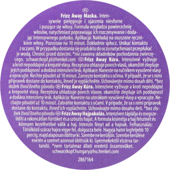 Okrągła, fioletowa etykieta maski Bonacure Frizz Away z wielojęzycznym tekstem o działaniu wygładzającym włosy.