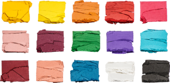Paleta cieni Revolution Re-loaded Marvellous Mattes: 15 żywych matowych odcieni (żółty, czerwony, niebieski), widoczne tekstury.