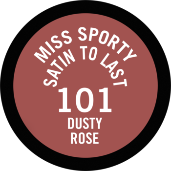 Zbliżenie na wierzch pomadki Miss Sporty Satin to Last 101 Dusty Rose, okrągła, różowa etykieta z białym tekstem.