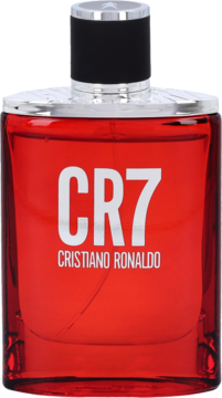 Czerwony flakon perfum CR7 Cristiano Ronaldo, widok z przodu, z białym napisem i srebrną nakrętką.
