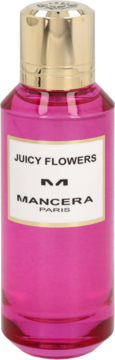 Różowy flakon wody perfumowanej Mancera Juicy Flowers z złotą nakrętką, widok z przodu na etykietę.