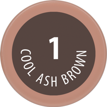 NAM Styling Brow tusz nr 1 Cool Ash Brown, ciemnobrązowe okrągłe opakowanie z białym tekstem, widok z góry.
