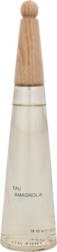 Woda toaletowa Issey Miyake Eau & Magnolia w smukłej, przezroczystej butelce z jasnym, drewnianym korkiem, widok z przodu.