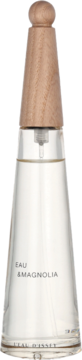 Woda toaletowa Issey Miyake Eau & Magnolia Intense w przezroczystej butelce z drewnianą nakrętką, widok z przodu.