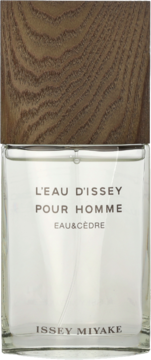 L'Eau D'Issey Pour Homme Eau&C&C&#x00E8;dre, woda toaletowa Issey Miyake w szklanej butelce z drewnianą nakrętką, widok z przodu.