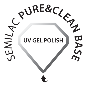 Białe logo Semilac Pure&Clean Baza hybrydowa: szary diament, napis 'UV GEL POLISH', strzałka w dół.