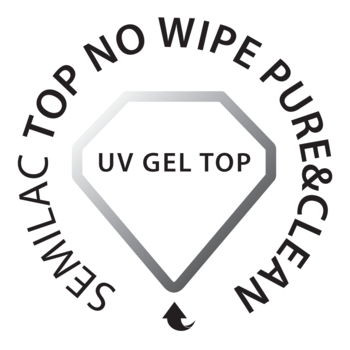 Białe okrągłe logo Semilac Pure&Clean z szarym diamentem 'UV GEL TOP' i tekstem 'NO WIPE' na krawędzi.