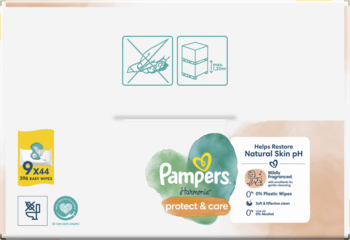 Pampers Harmonie Protect & Care chusteczki nawilżane z nagietkiem, białe opakowanie, widok z przodu.