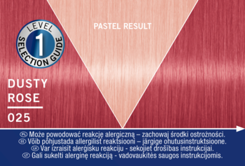 Półtrwała farba do włosów w kolorze Dusty Rose 025, prezentująca pastelowy różowy rezultat na włosach.
