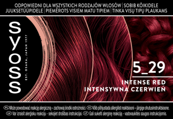 Opakowanie farby Syoss 5_29 Intensywna Czerwień, z pasmem ciemnoczerwonych włosów na czarnym tle.