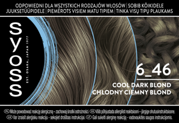 Syoss farba do włosów Chłodny Ciemny Blond 6_46. Front opakowania z falowanym wzornikiem włosów.