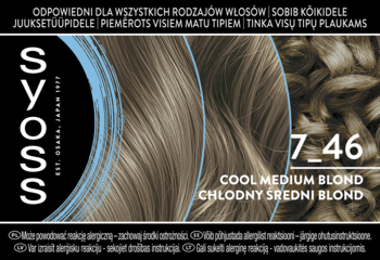 Farba Syoss Cool Medium Blond 7-46, chłodny odcień. Opakowanie z dużą próbką koloru włosów.