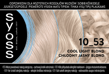 Opakowanie Syoss farba 10_53 Chłodny Jasny Blond, z widokiem na falowane, chłodne blond włosy.