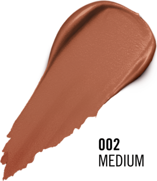 Kremowy bronzer Rimmel London Multi-Tasker w średnim odcieniu. Zbliżenie na rozświetlający, karmelowo-brązowy swatch.