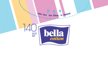 Bella Cotton 140 szt. płatki kosmetyczne w foliowym opakowaniu z pastelowymi paskami, strzałki "open here".